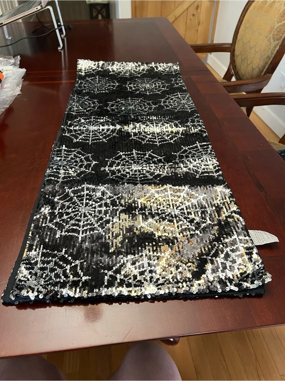 Black & Silver Sequined Spider Web Table Runner - Holiday & Party Accent